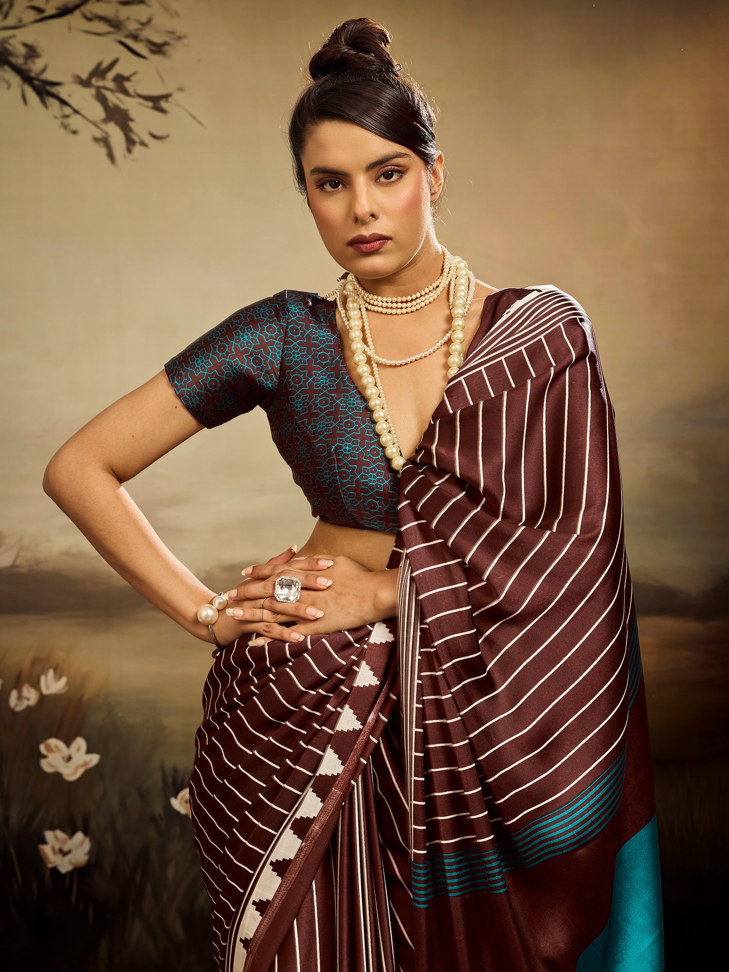 Coffee Brown & White Striped Ikat Silk Saree - Ressa