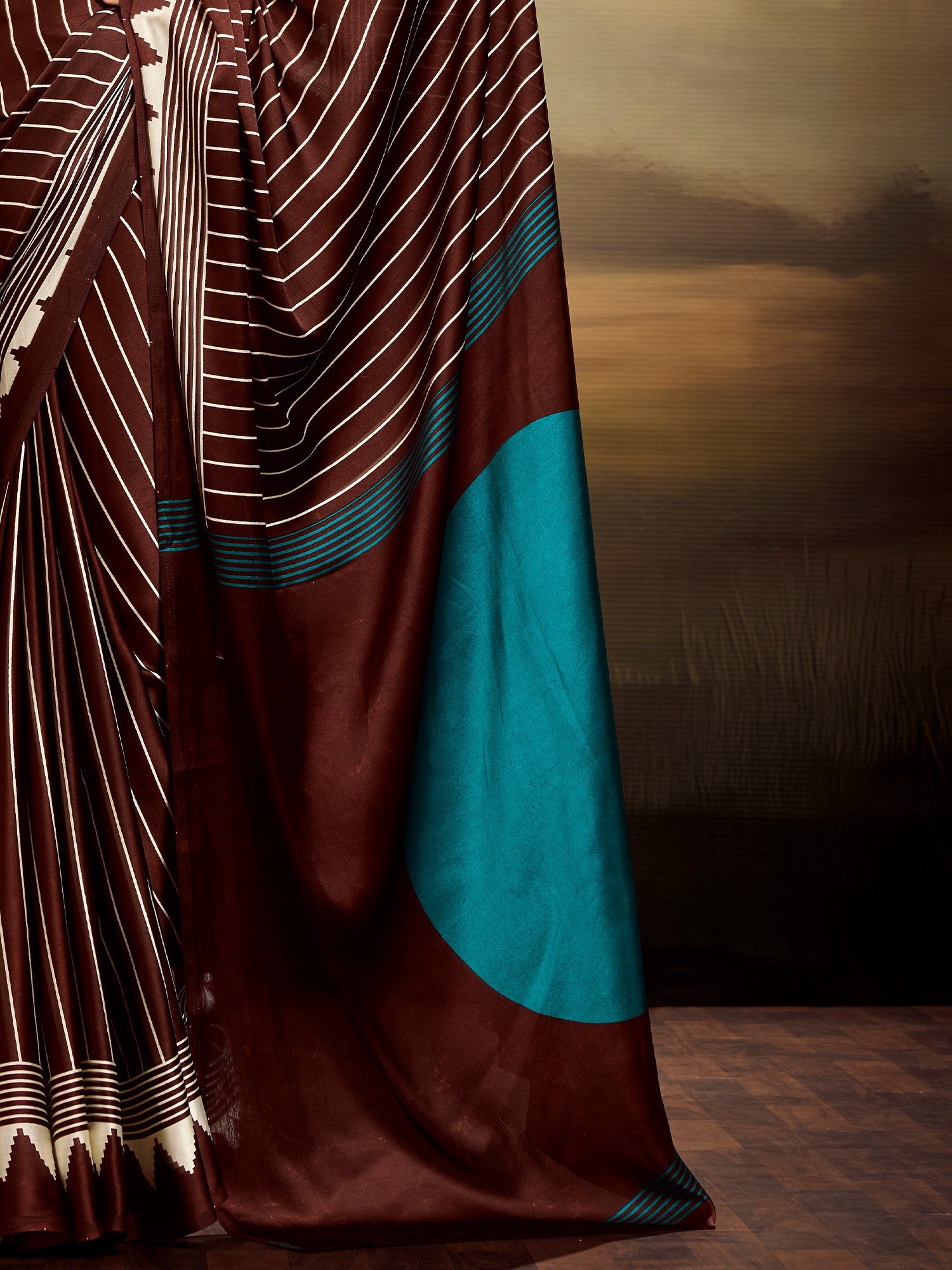 Coffee Brown & White Striped Ikat Silk Saree - Ressa
