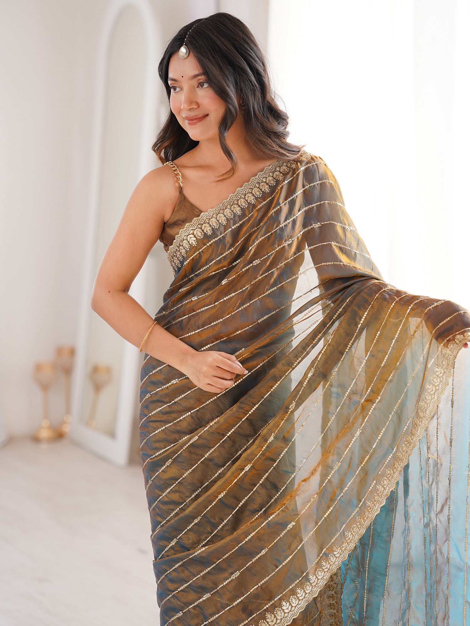 Copper & Teal Blue Saree - Ressa