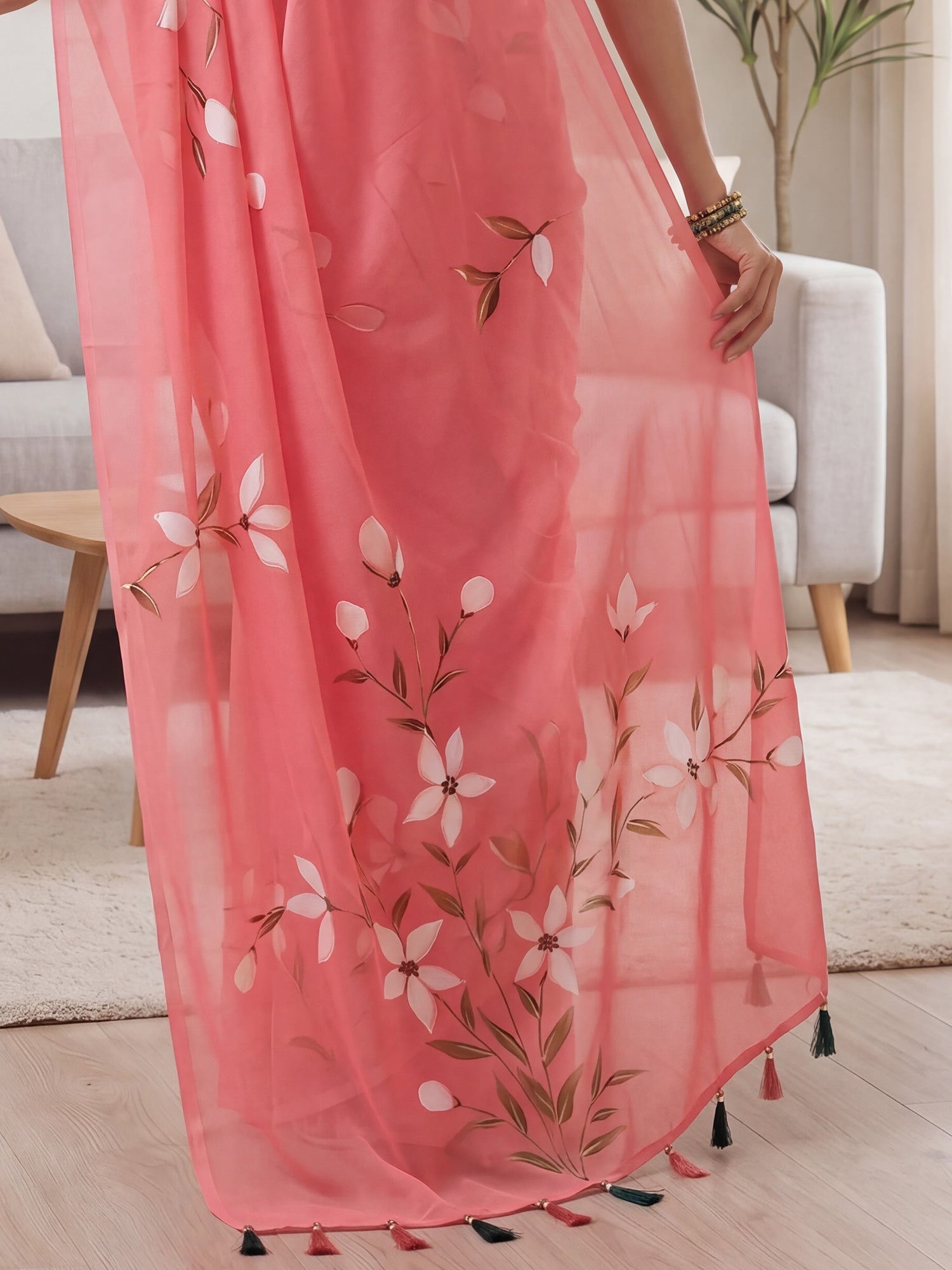 Coral Pink Chiffon Saree with Hand-Painted Lily Motifs - Ressa