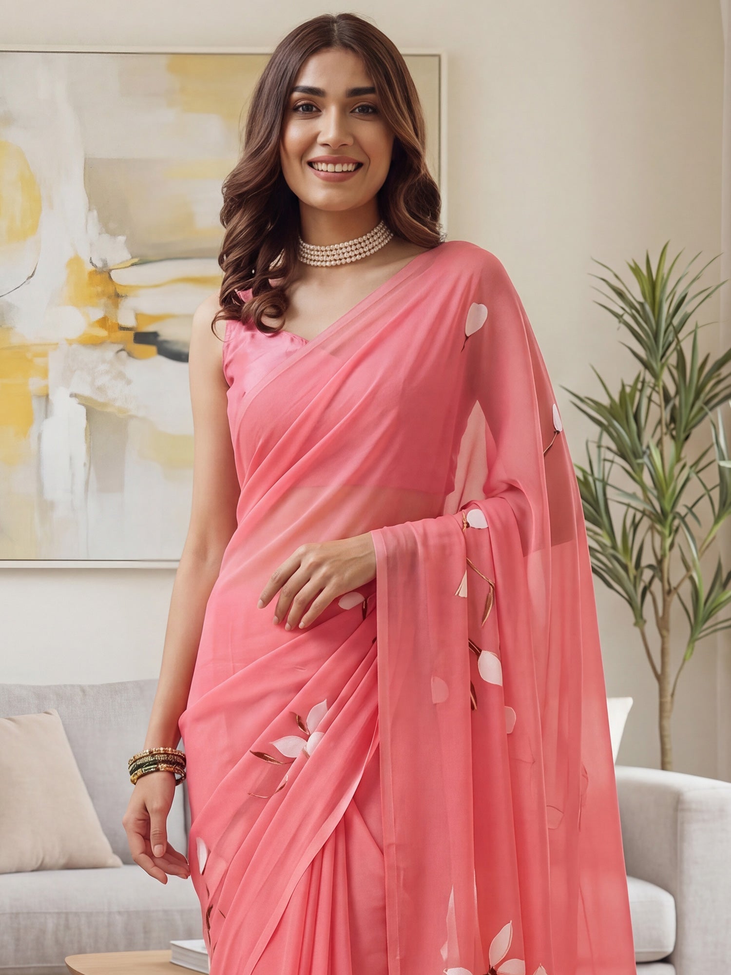 Coral Pink Chiffon Saree with Hand-Painted Lily Motifs - Ressa