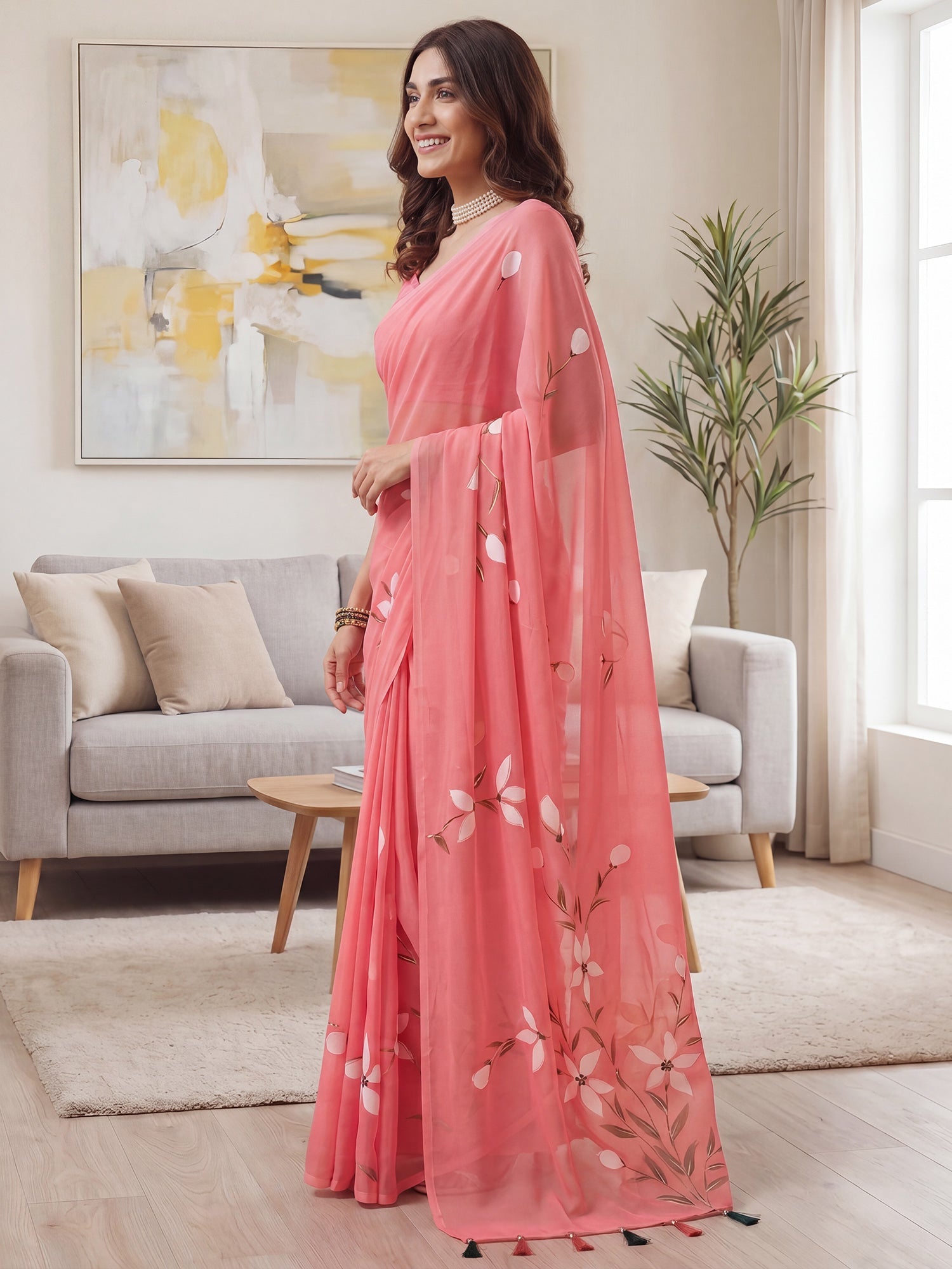 Coral Pink Chiffon Saree with Hand-Painted Lily Motifs - Ressa