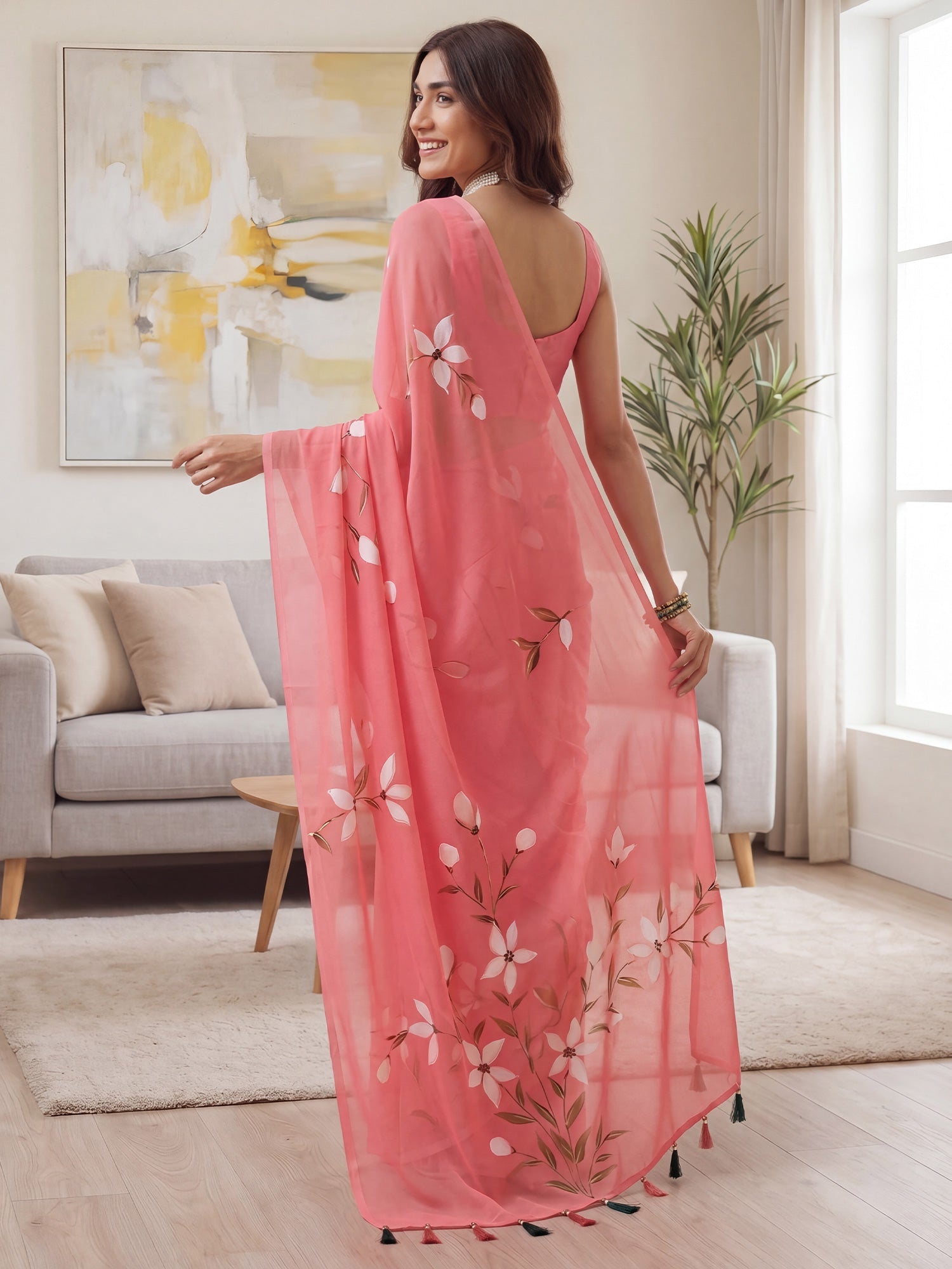 Coral Pink Chiffon Saree with Hand-Painted Lily Motifs - Ressa