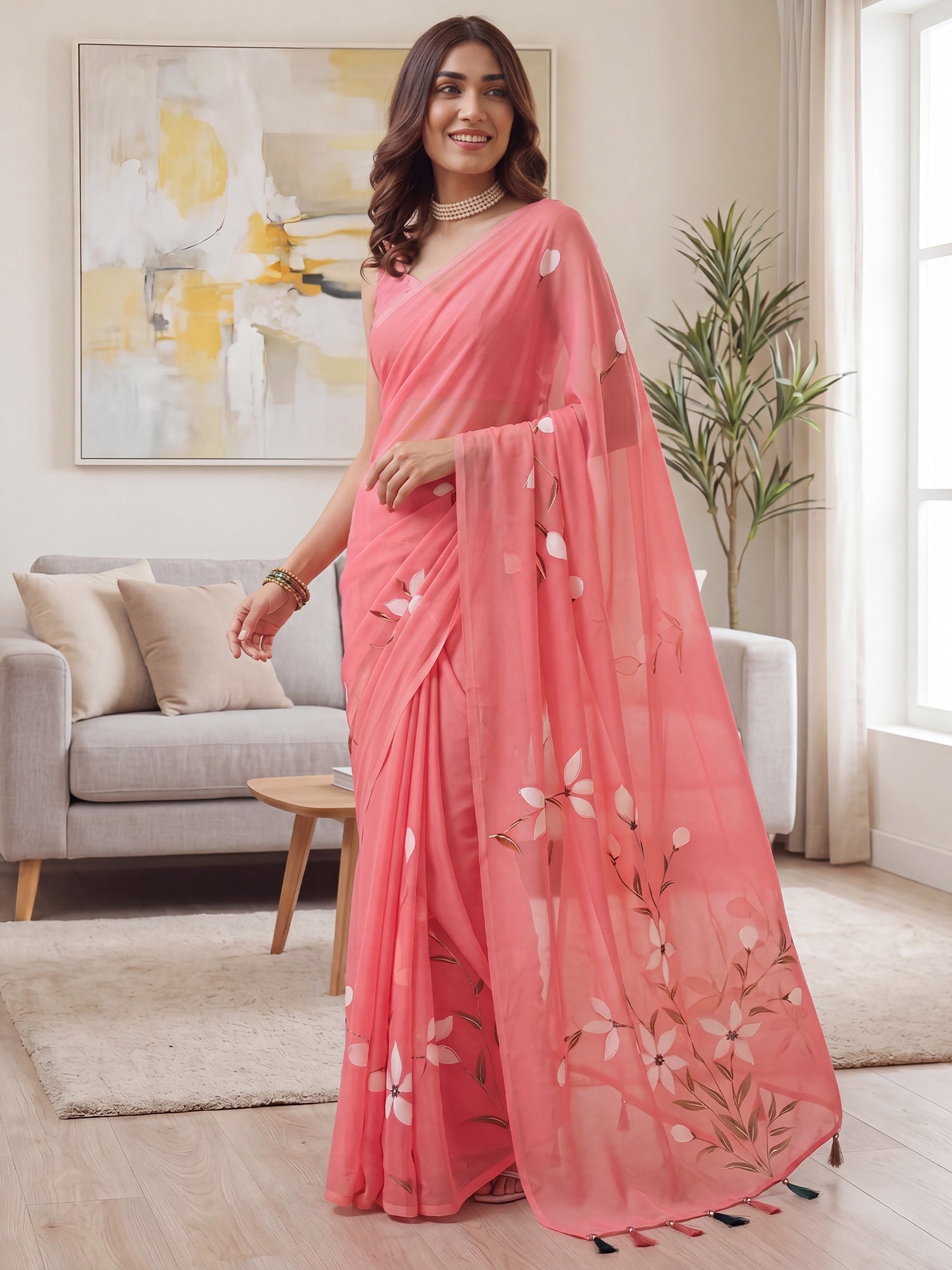 Coral Pink Chiffon Saree with Hand-Painted Lily Motifs - Ressa