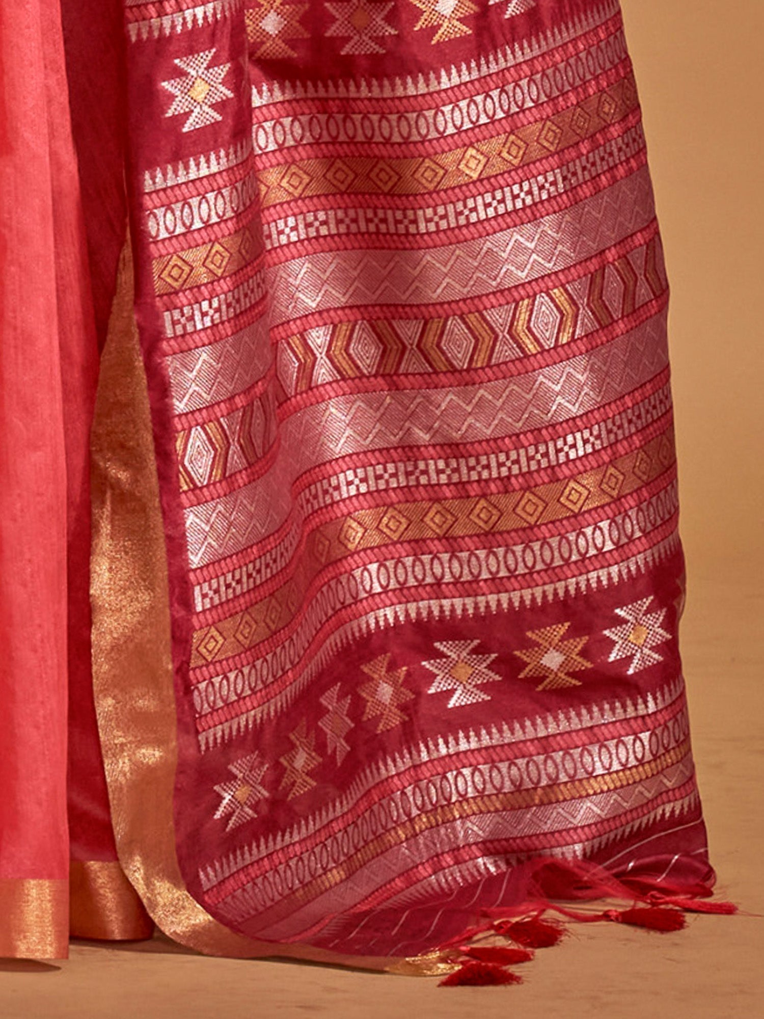 Coral Pink Chiffon Saree with Meenakari Zari Border - Ressa