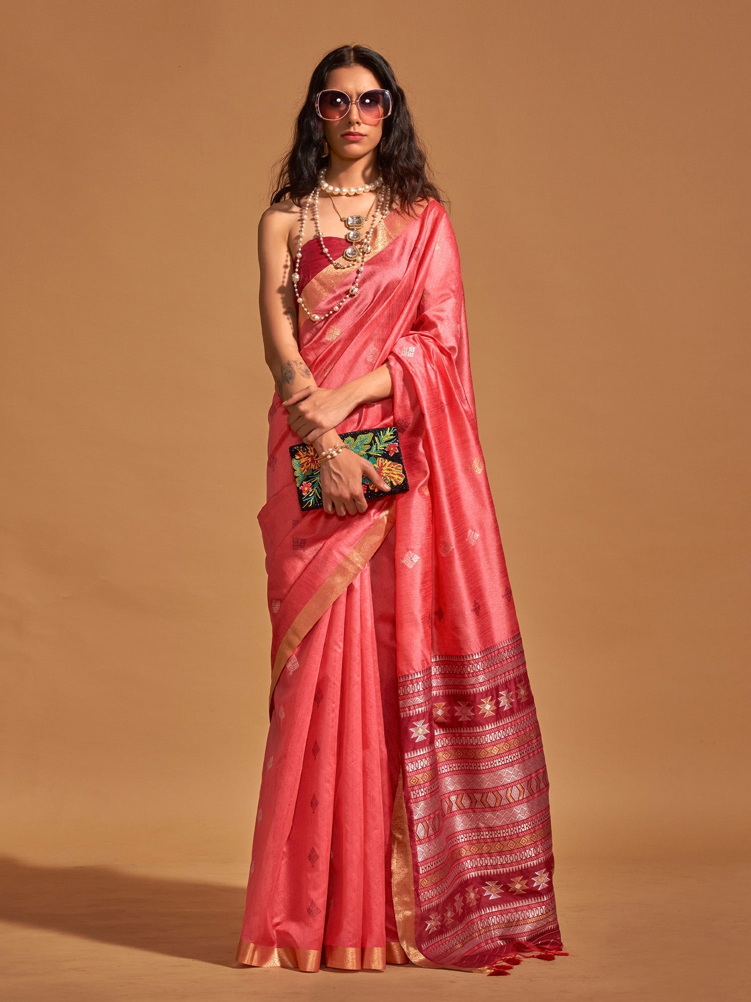 Coral Pink Chiffon Saree with Meenakari Zari Border - Ressa
