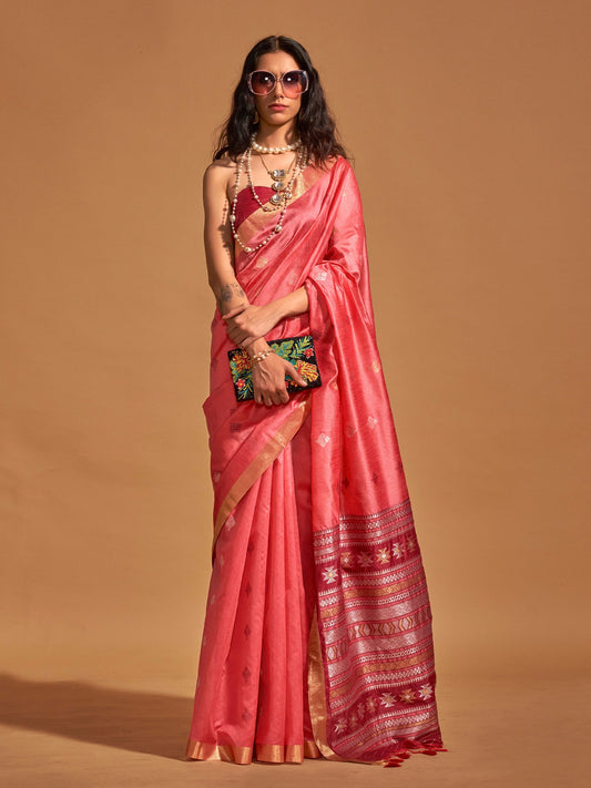 Coral Pink Chiffon Saree with Meenakari Zari Border - Ressa