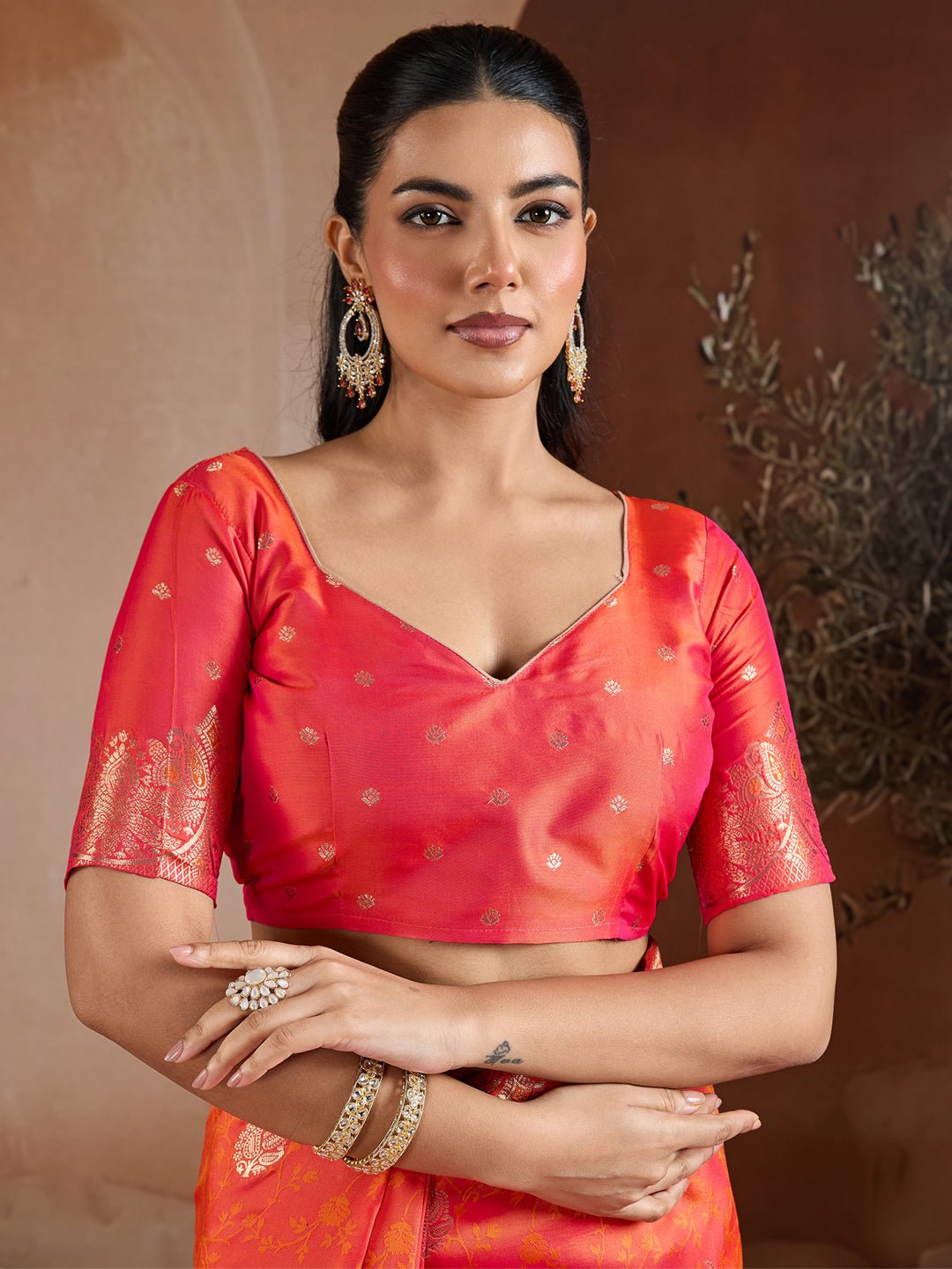Coral Red Banarasi Silk Saree - Ressa