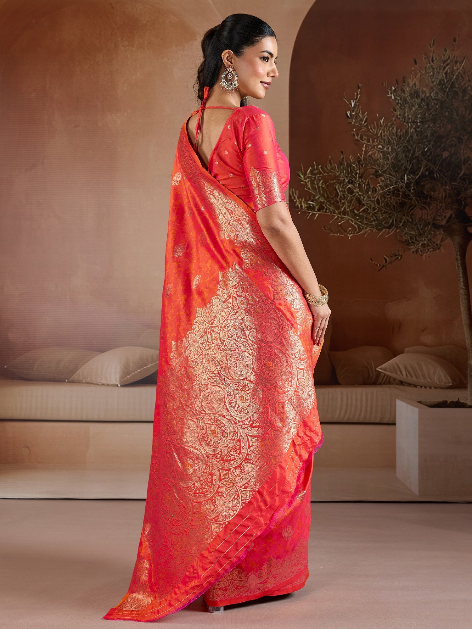 Coral Red Banarasi Silk Saree - Ressa
