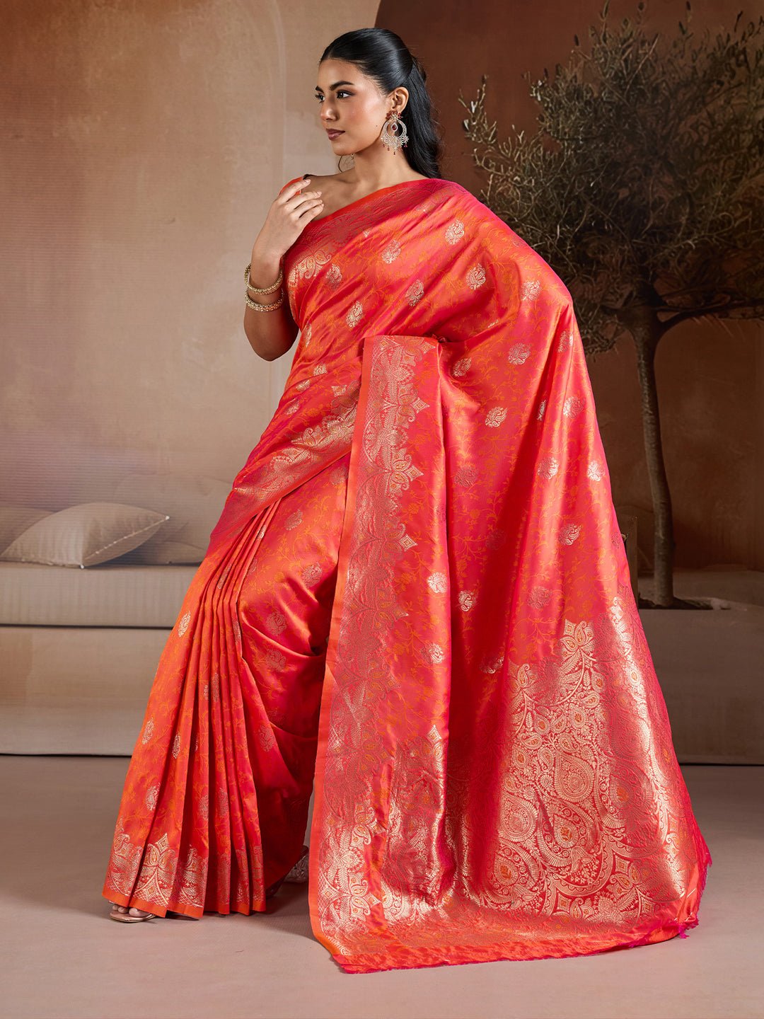 Coral Red Banarasi Silk Saree - Ressa