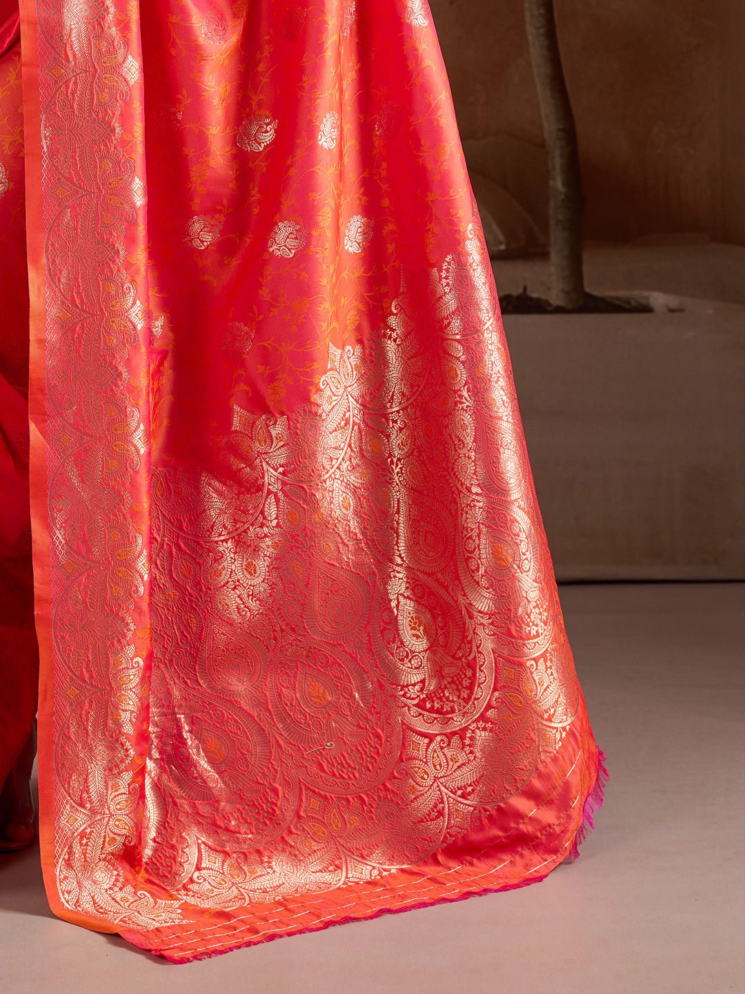 Coral Red Banarasi Silk Saree - Ressa