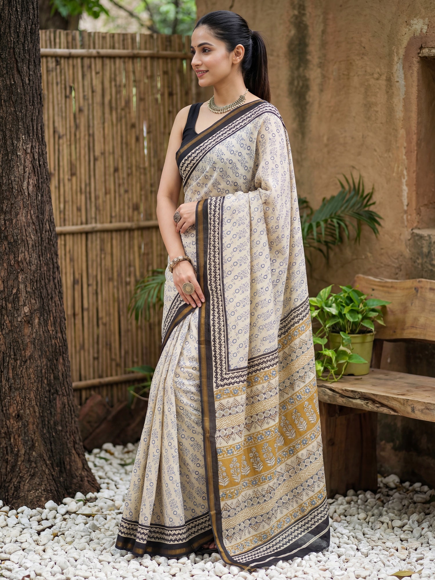 Cream and Black Cotton Blend Saree - Ressa