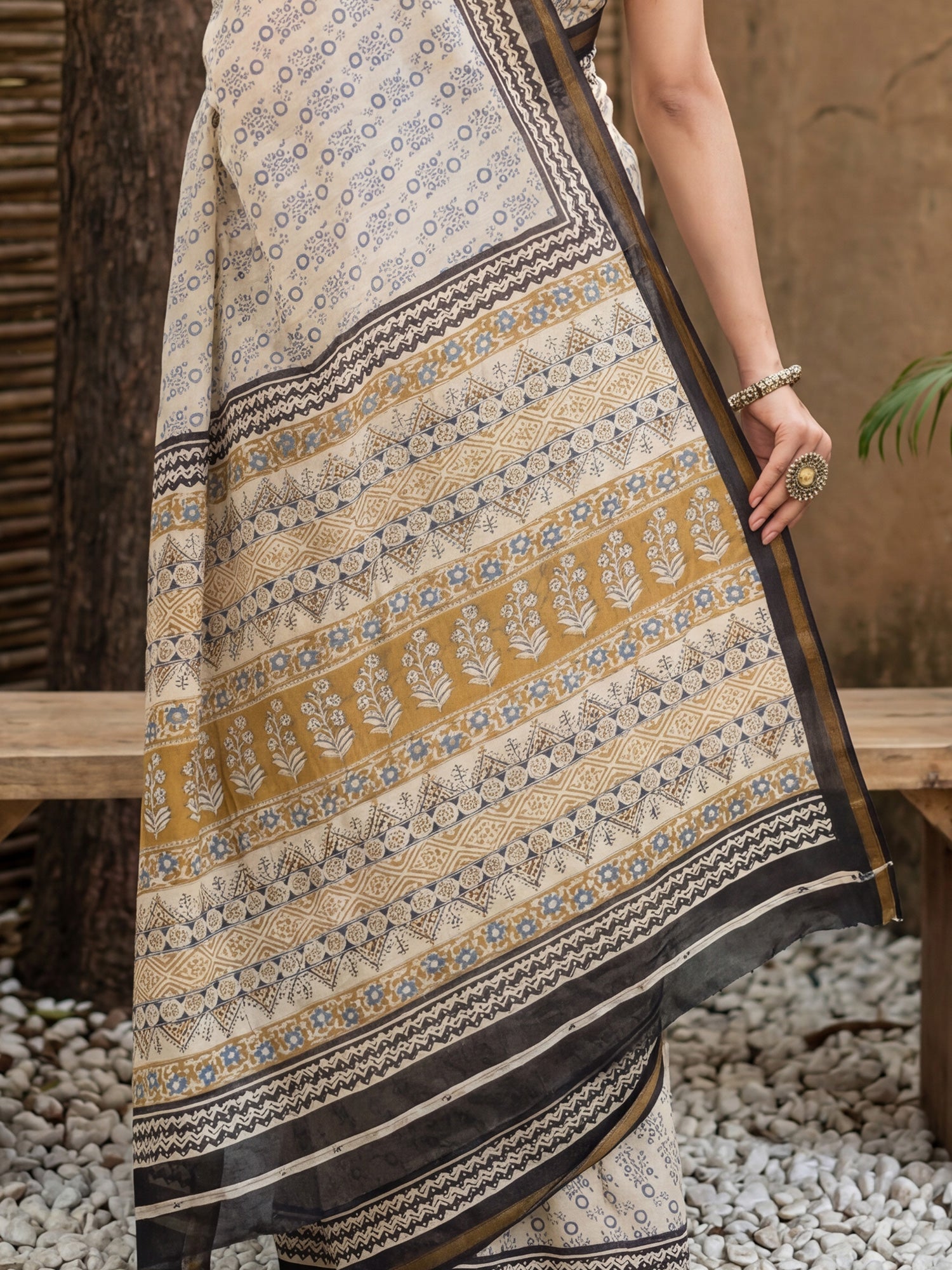 Cream and Black Cotton Blend Saree - Ressa