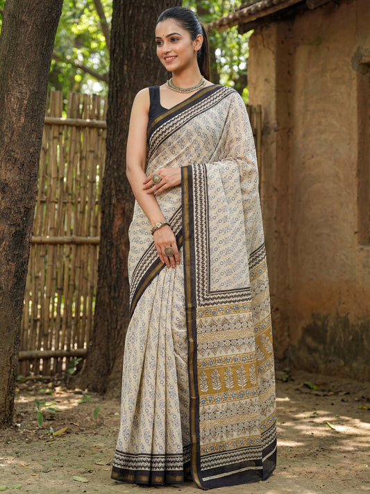 Cream and Black Cotton Blend Saree - Ressa