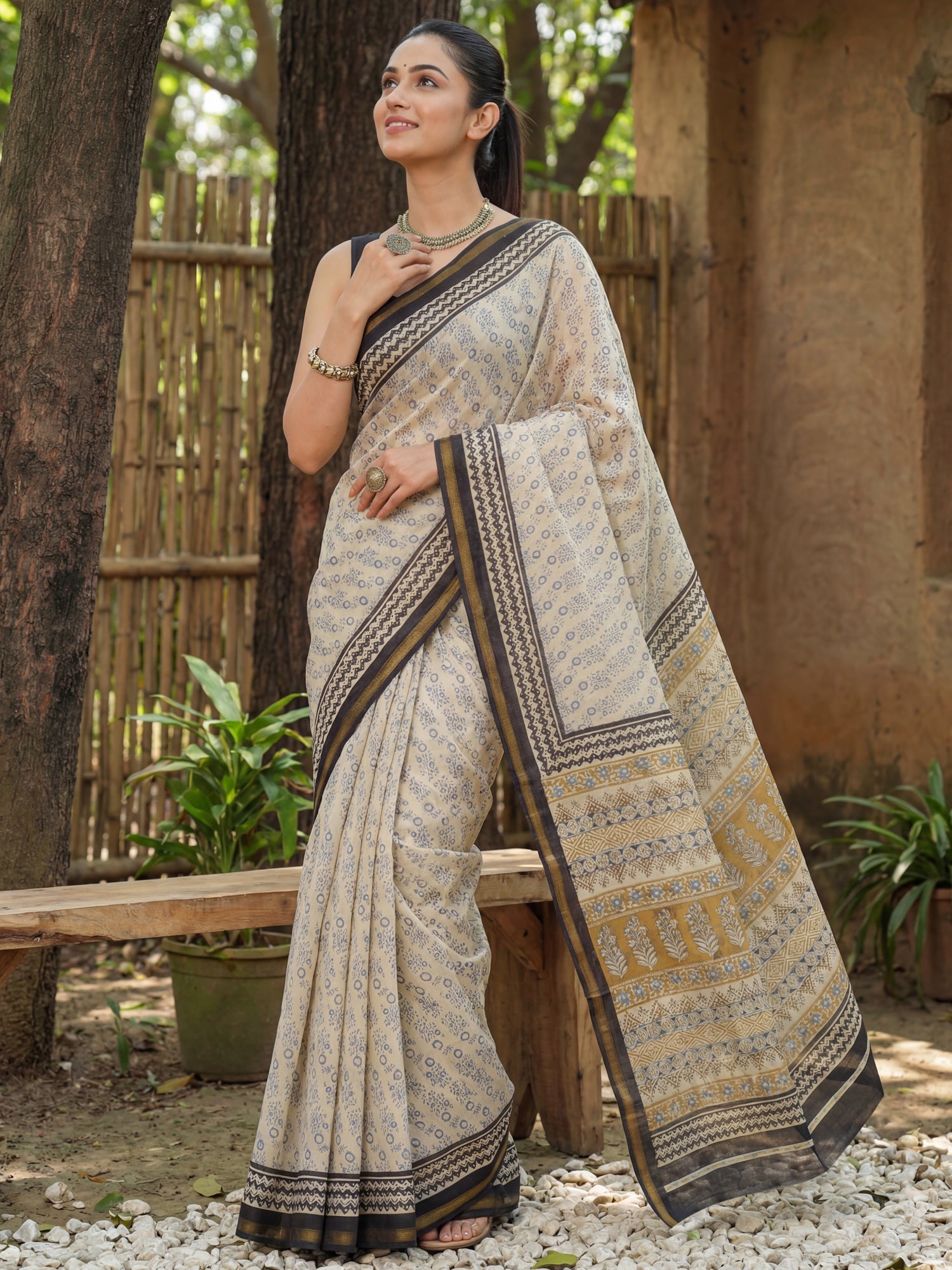 Cream and Black Cotton Blend Saree - Ressa