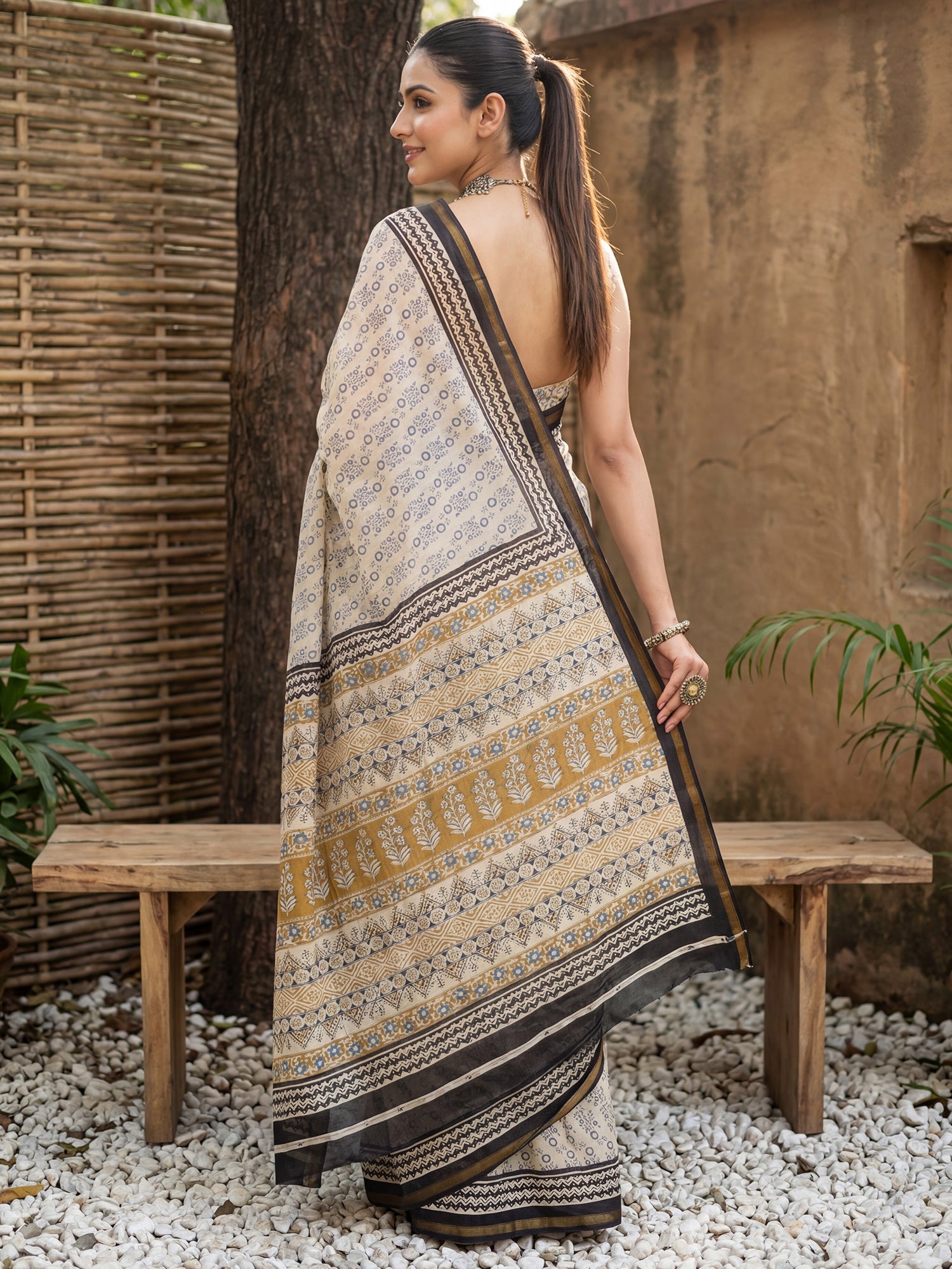 Cream and Black Cotton Blend Saree - Ressa