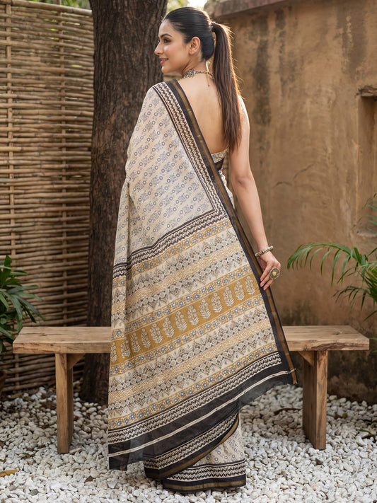 Cream and Black Cotton Blend Saree - Ressa