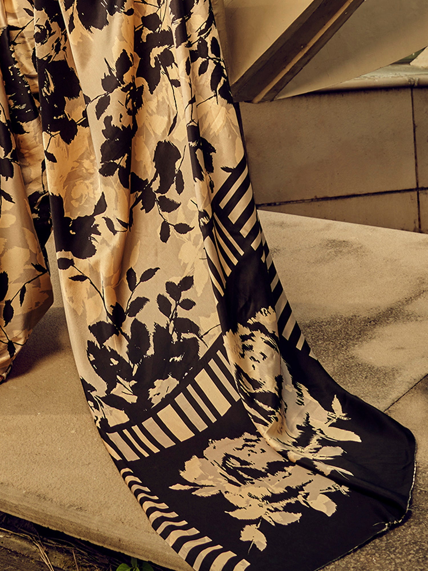 Cream and Black Satin Floral Print saree - Ressa