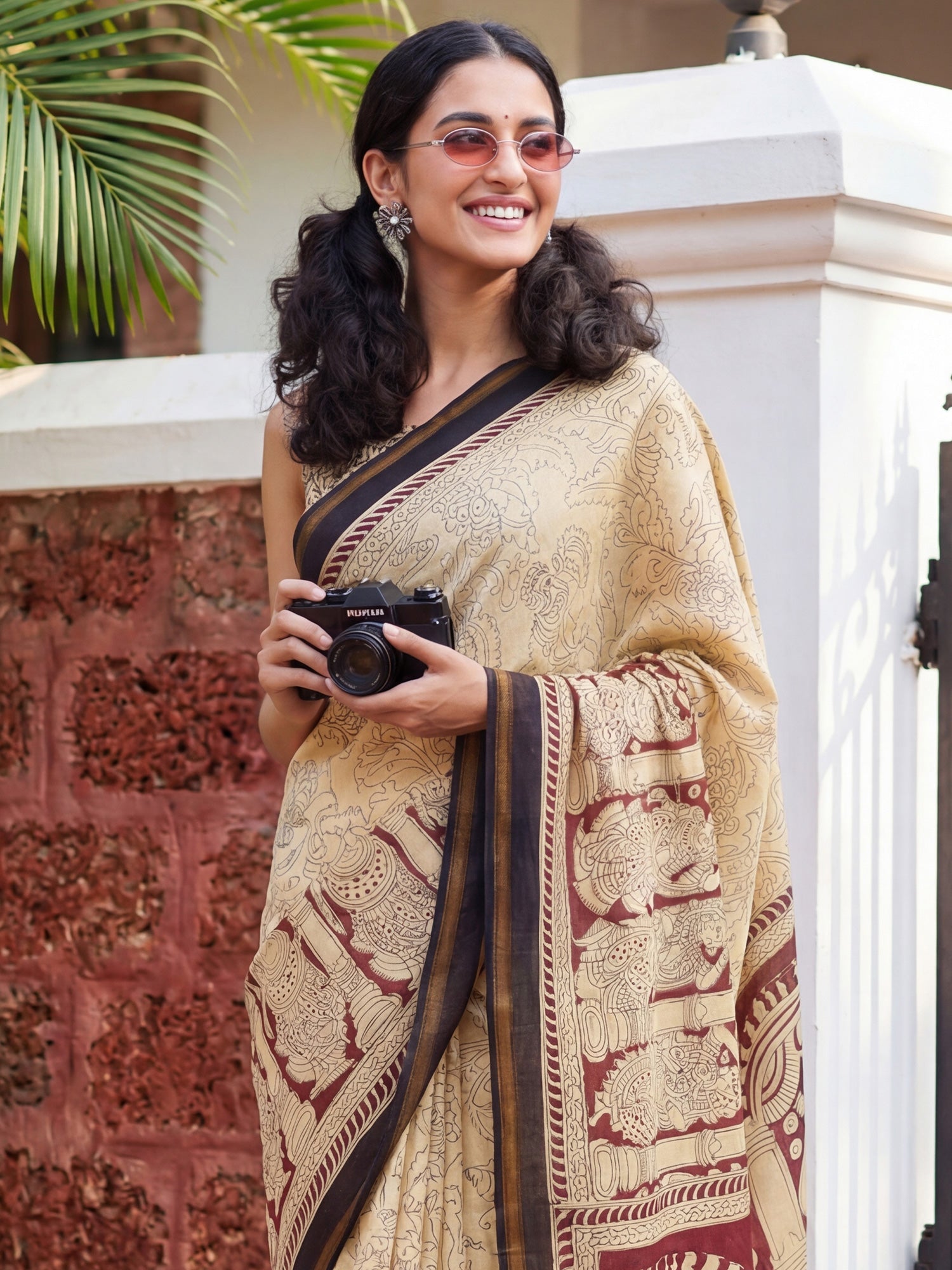 Cream and Charcoal Cotton Blend Saree - Ressa