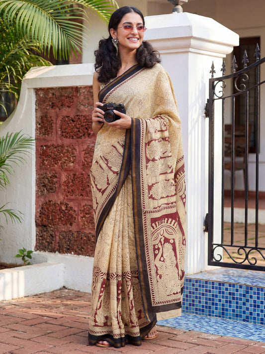 Cream and Charcoal Cotton Blend Saree - Ressa