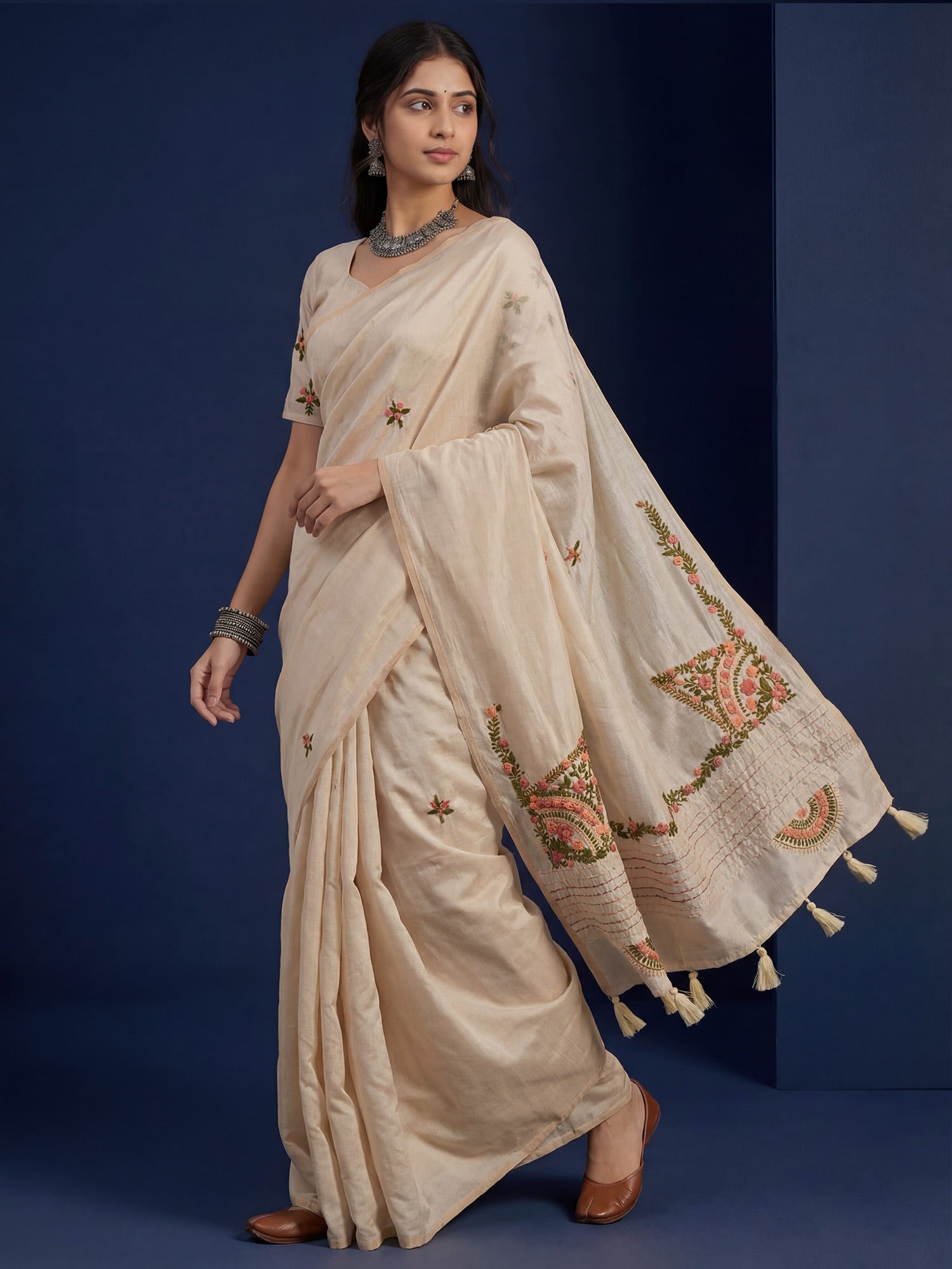 Cream Beige Handloom Tussar Silk Saree - Ressa