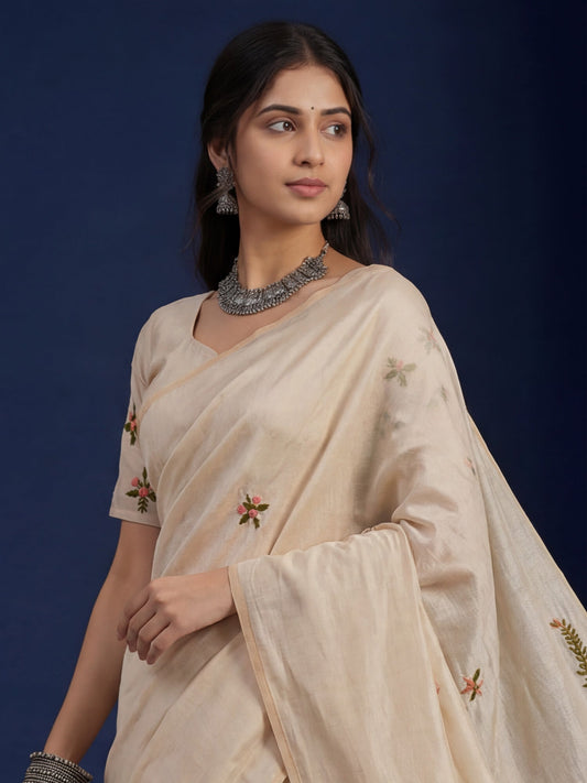 Cream Beige Handloom Tussar Silk Saree - Ressa