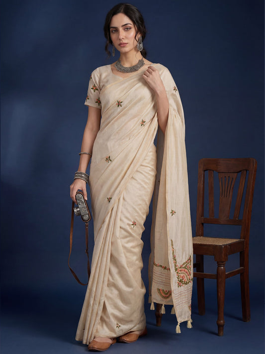 Cream Beige Handloom Tussar Silk Saree - Ressa