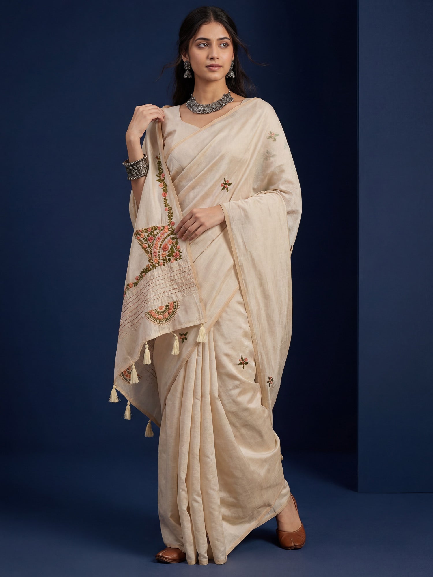 Cream Beige Handloom Tussar Silk Saree - Ressa