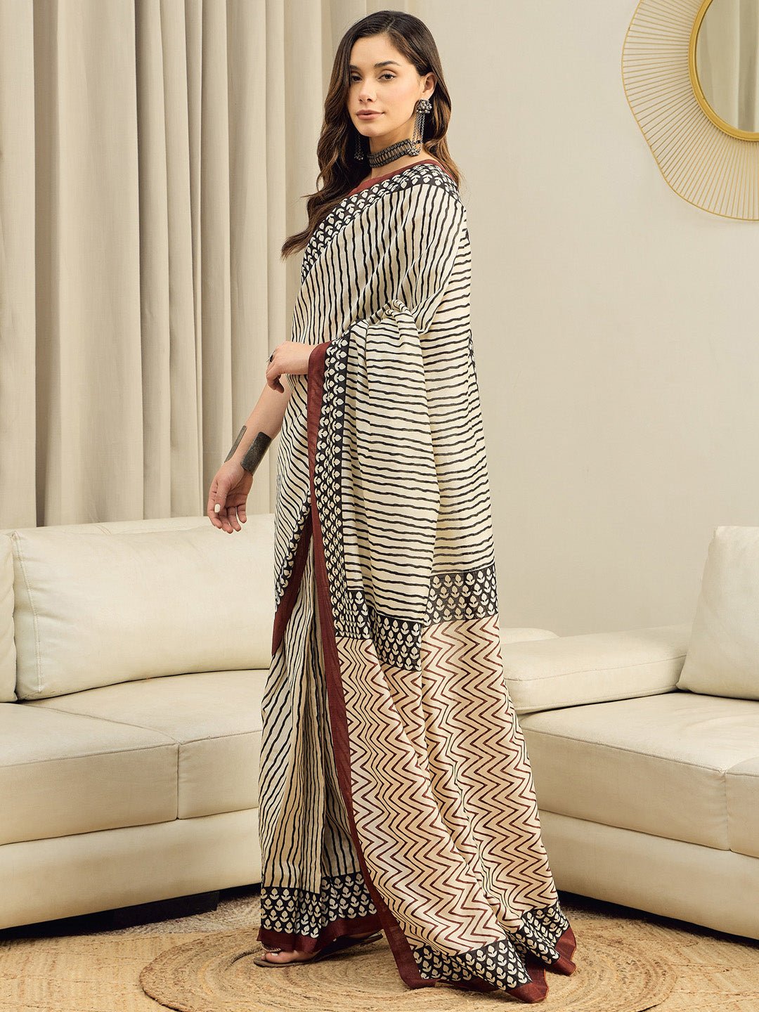 Cream Bhagalpuri Silk Striped Saree - Ressa