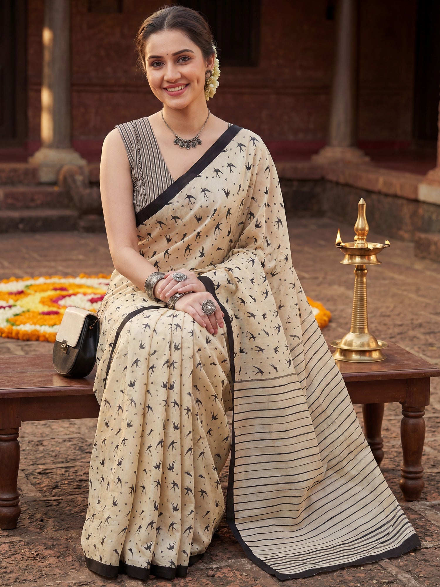 Cream Bird Print Cotton Saree - Ressa