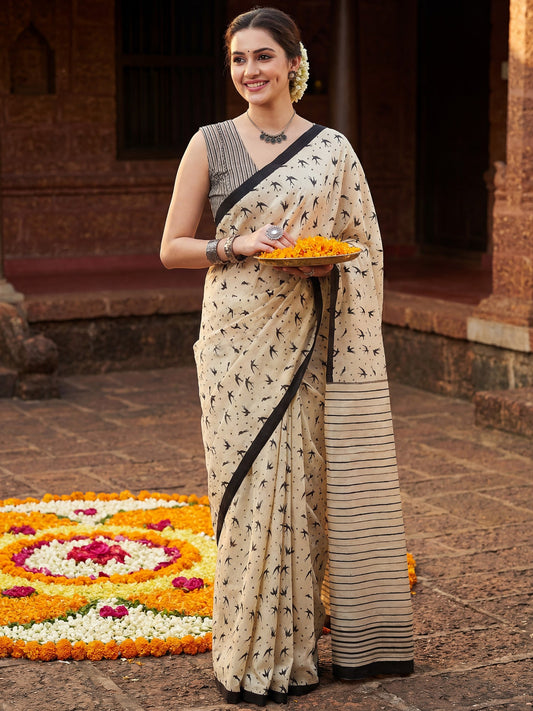 Cream Bird Print Cotton Saree - Ressa