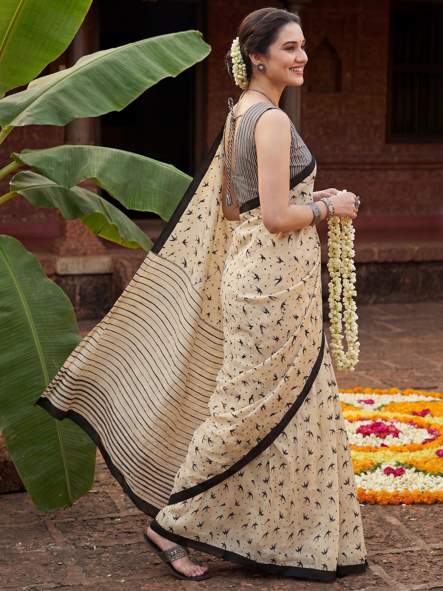 Cream Bird Print Cotton Saree - Ressa