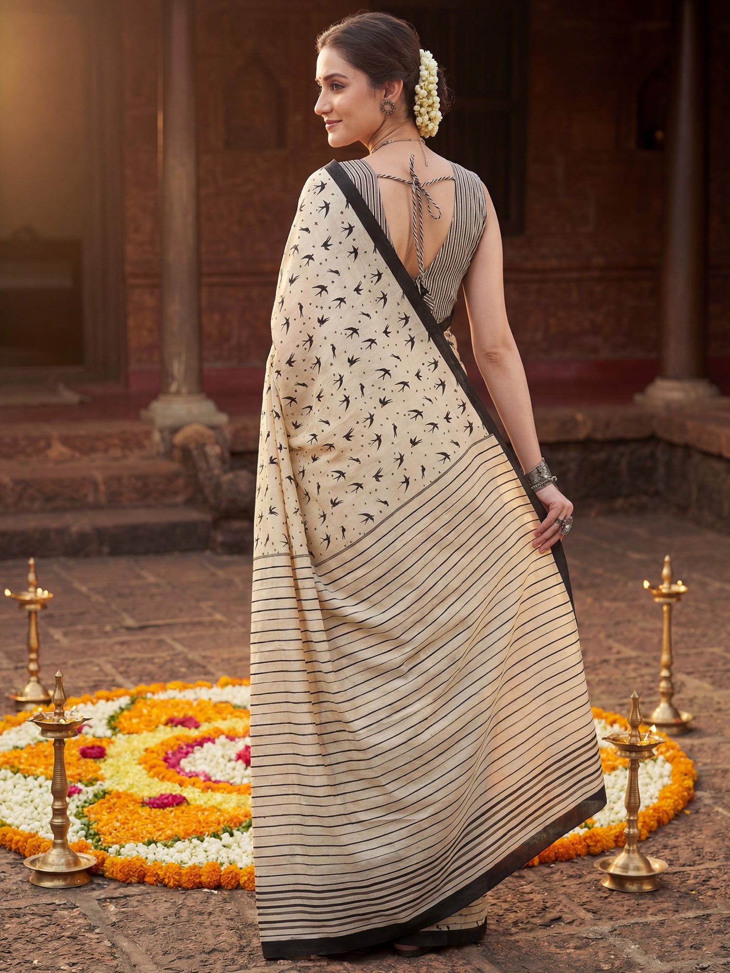 Cream Bird Print Cotton Saree - Ressa