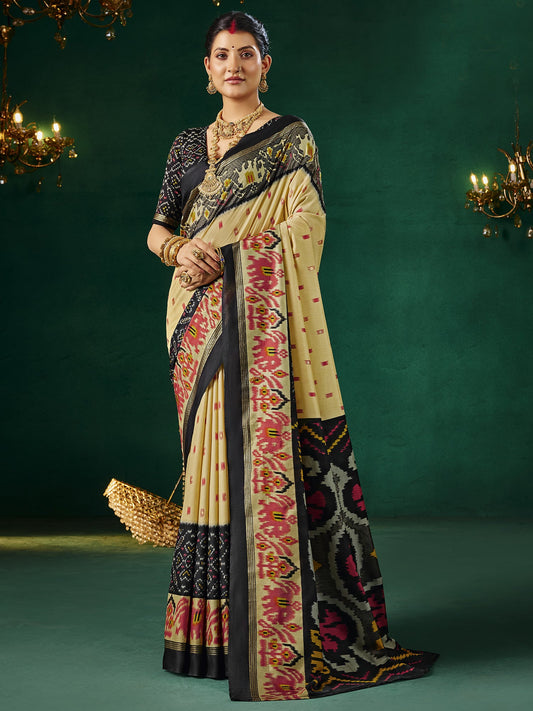 Cream & Black Patola Silk Saree with Ikat Weave - Ressa