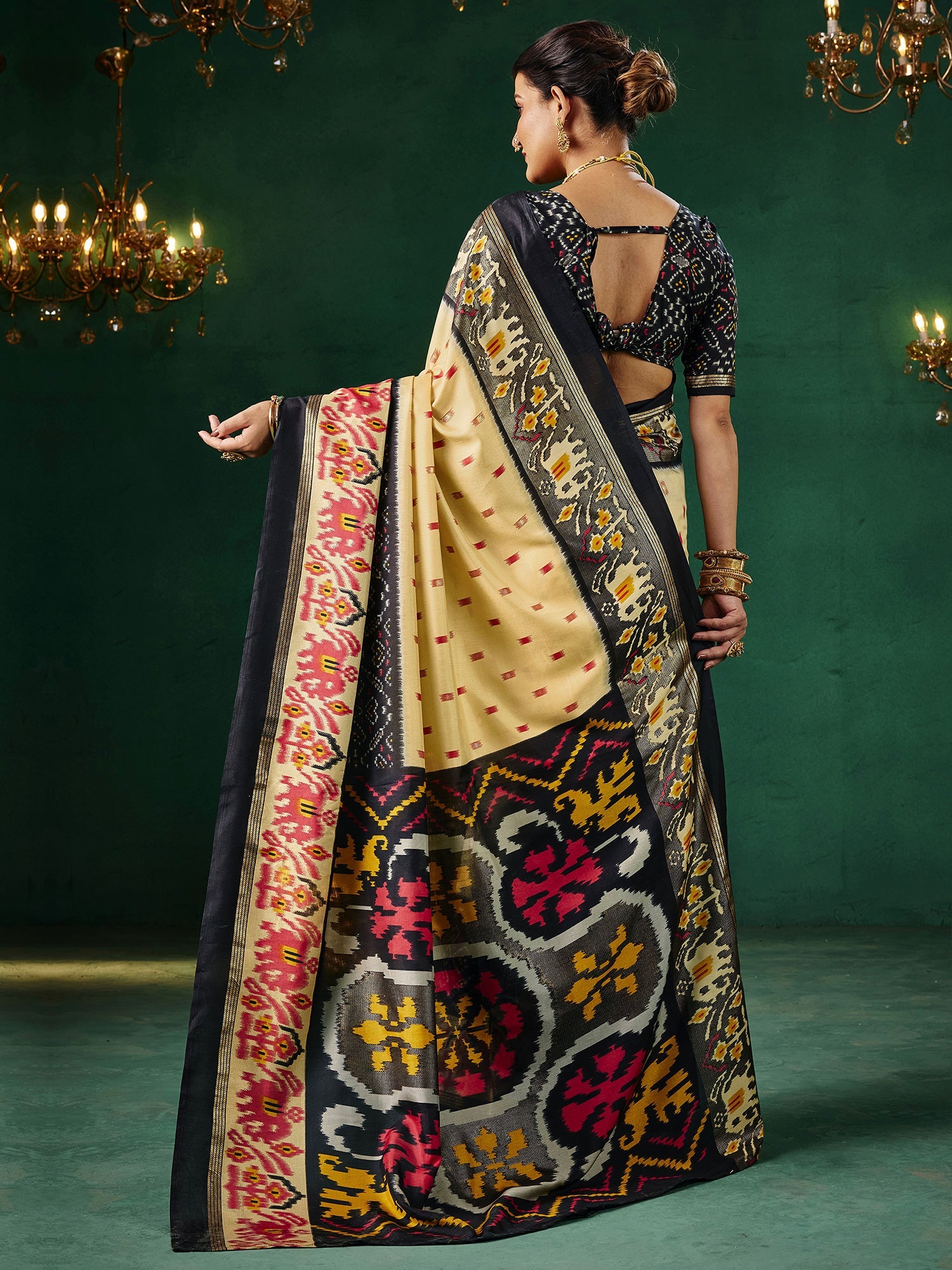 Cream & Black Patola Silk Saree with Ikat Weave - Ressa
