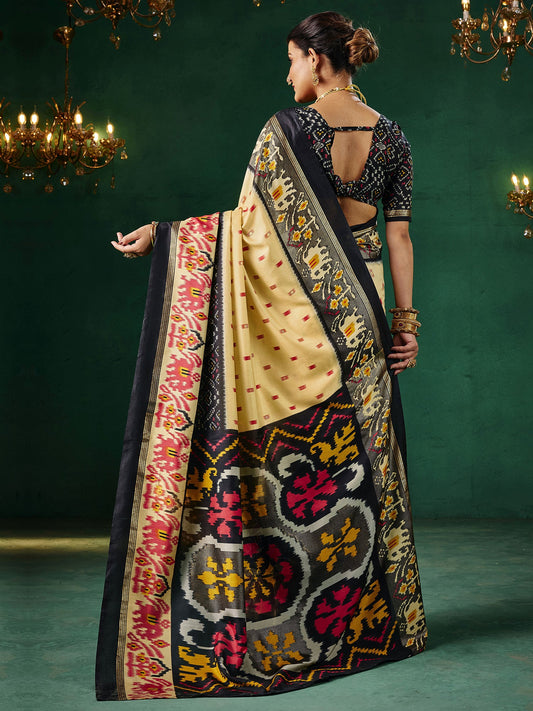 Cream & Black Patola Silk Saree with Ikat Weave - Ressa