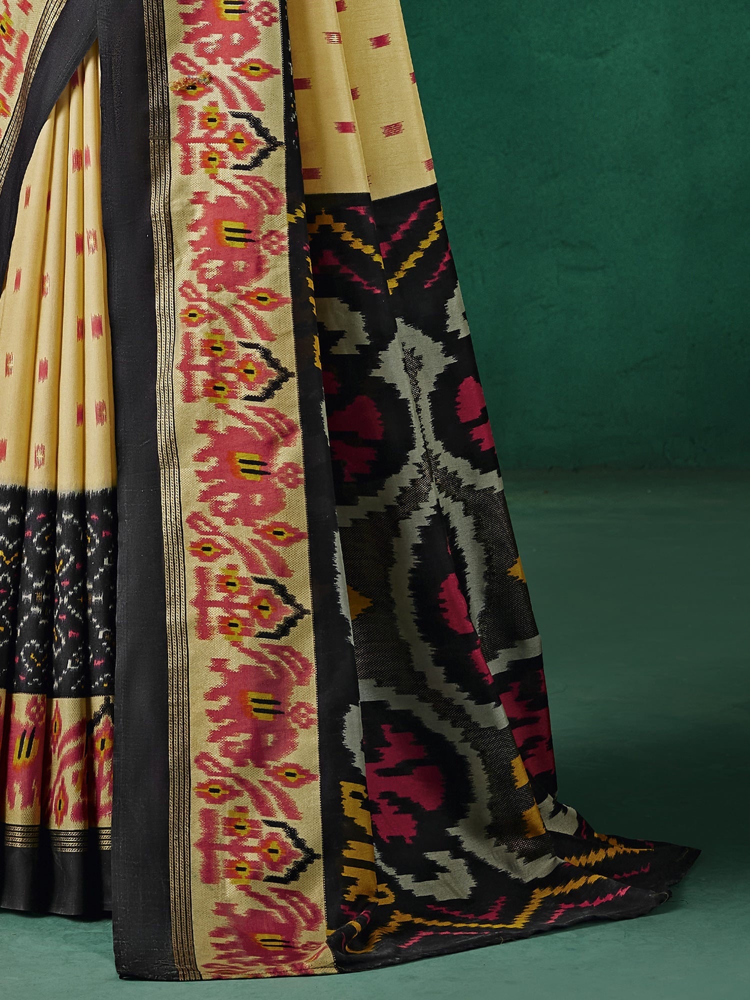 Cream & Black Patola Silk Saree with Ikat Weave - Ressa