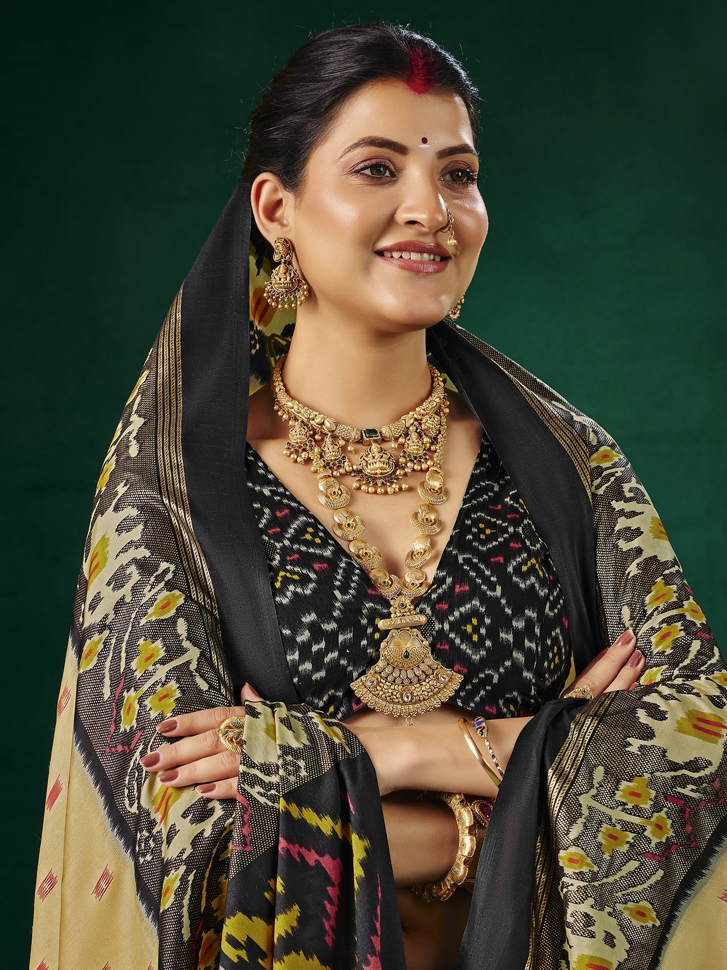 Cream & Black Patola Silk Saree with Ikat Weave - Ressa