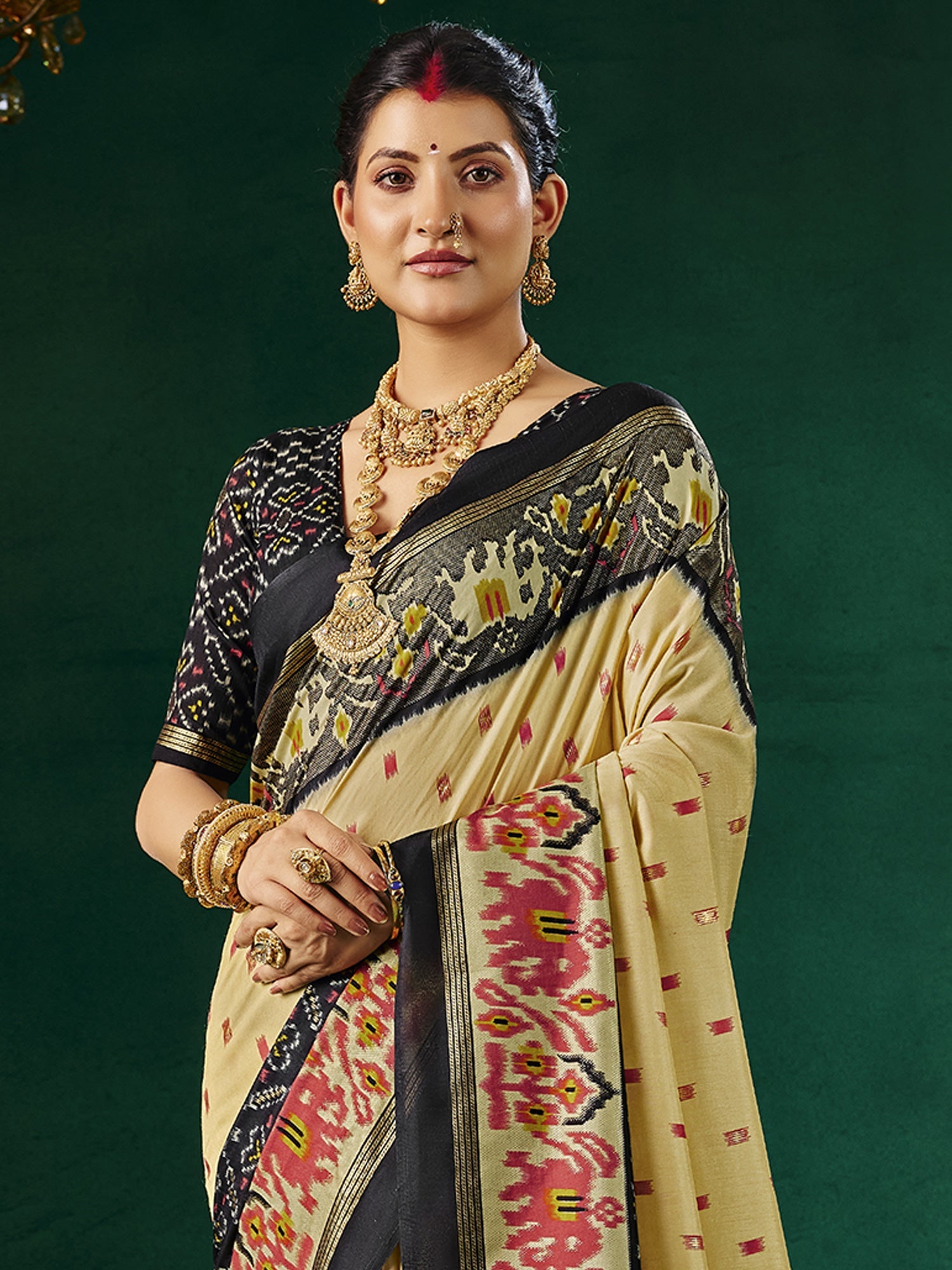 Cream & Black Patola Silk Saree with Ikat Weave - Ressa