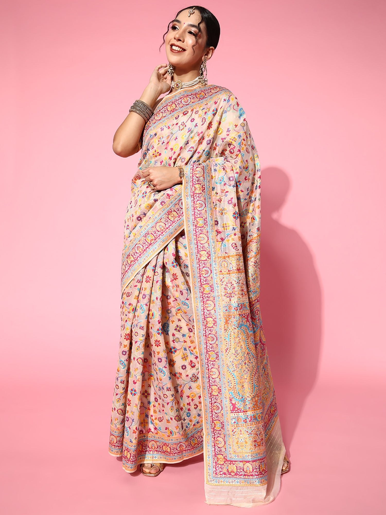 Cream Cotton Silk Blend Floral Jaal Saree - Ressa