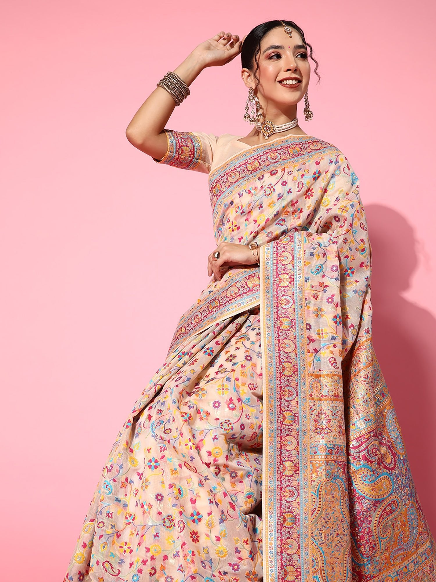 Cream Cotton Silk Blend Floral Jaal Saree - Ressa