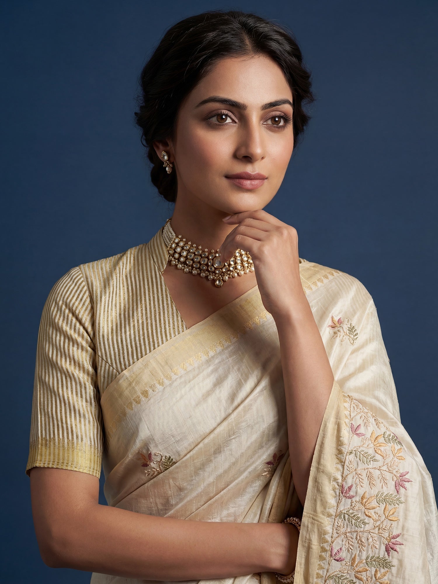 Cream Dola Silk Floral Resham Embroidery Zari Border - Ressa