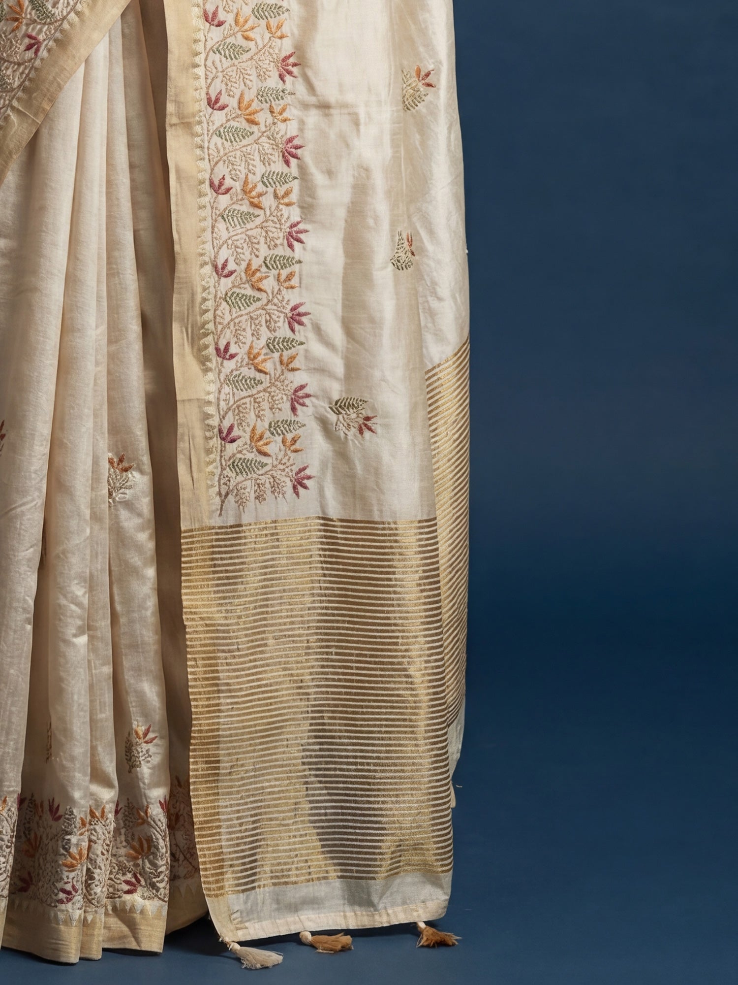 Cream Dola Silk Floral Resham Embroidery Zari Border - Ressa