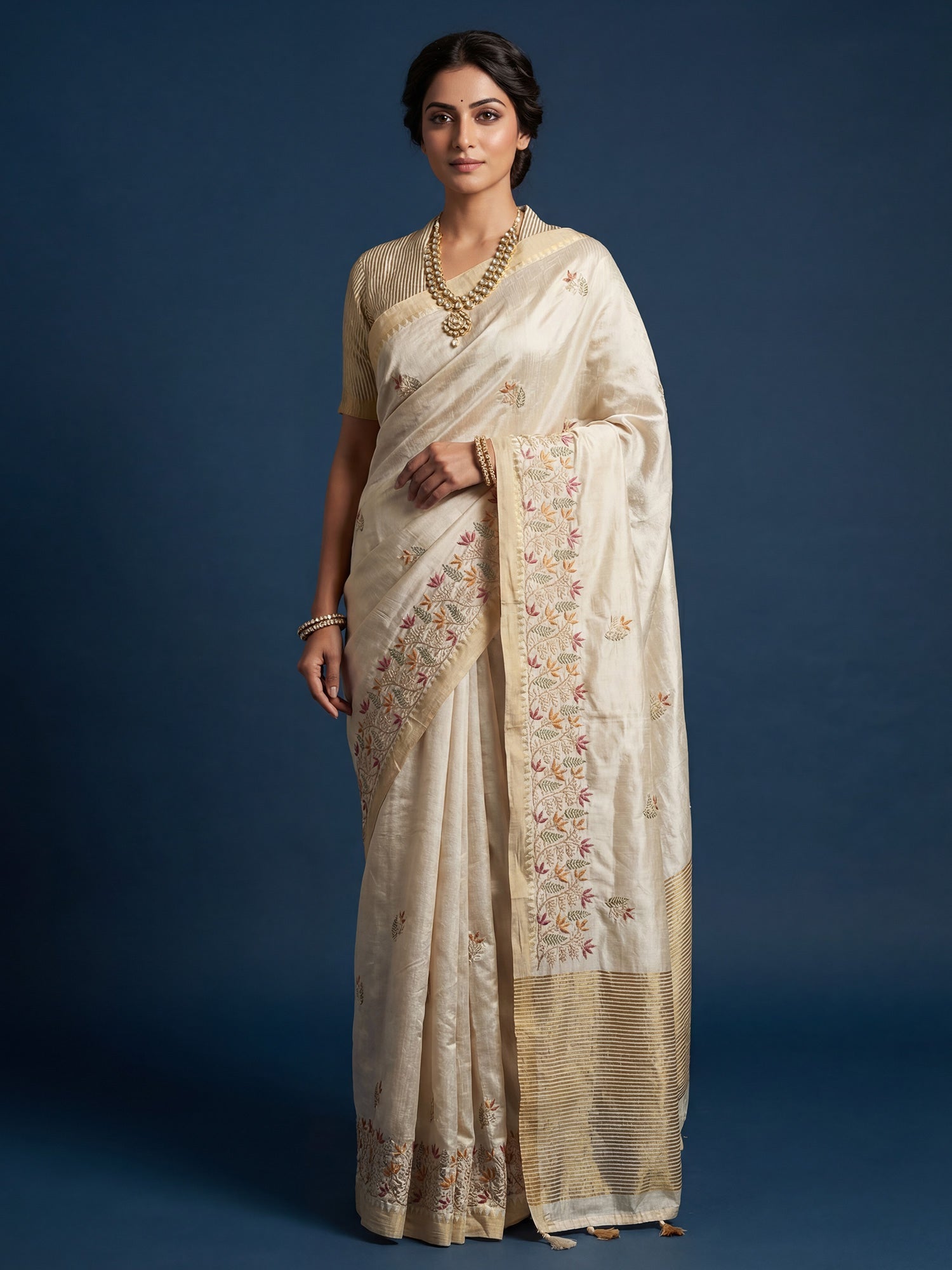 Cream Dola Silk Floral Resham Embroidery Zari Border - Ressa