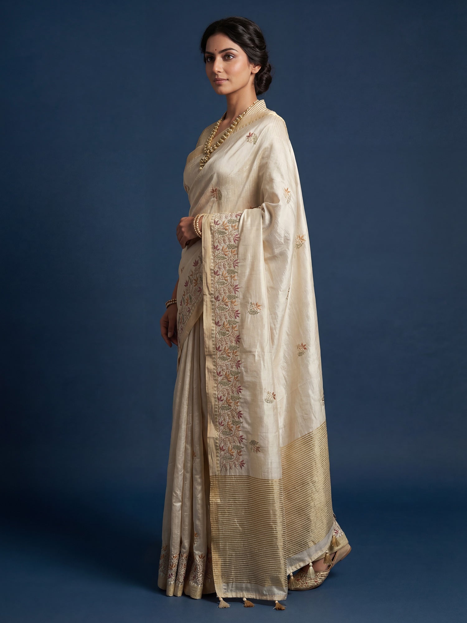 Cream Dola Silk Floral Resham Embroidery Zari Border - Ressa