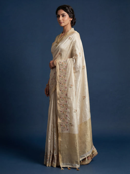 Cream Dola Silk Floral Resham Embroidery Zari Border - Ressa