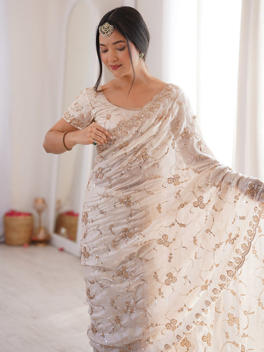 Cream Embroidered Organza Saree with Cutwork Border - Ressa
