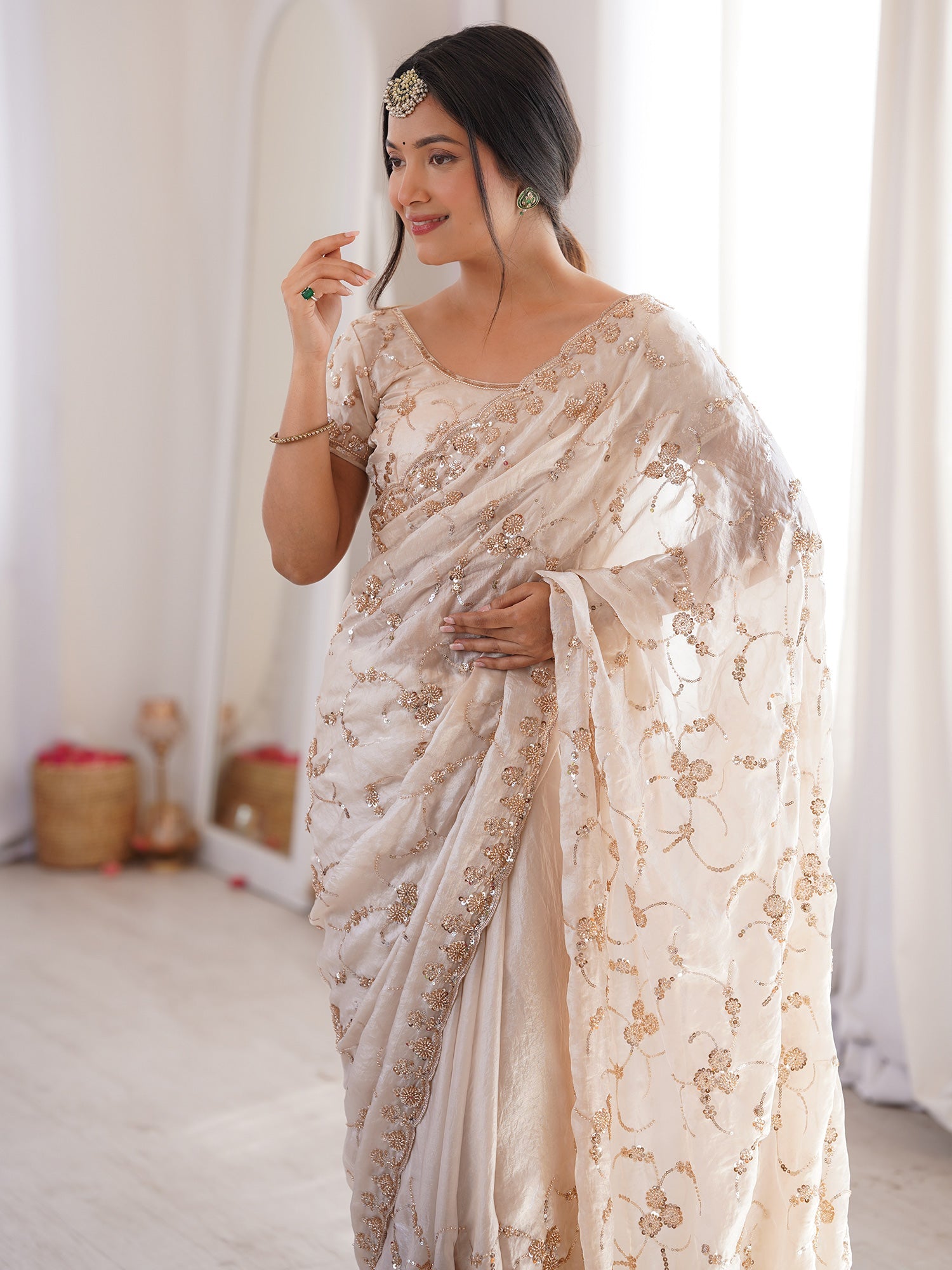 Cream Embroidered Organza Saree with Cutwork Border - Ressa