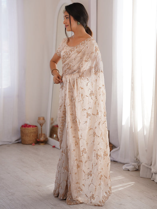 Cream Embroidered Organza Saree with Cutwork Border - Ressa