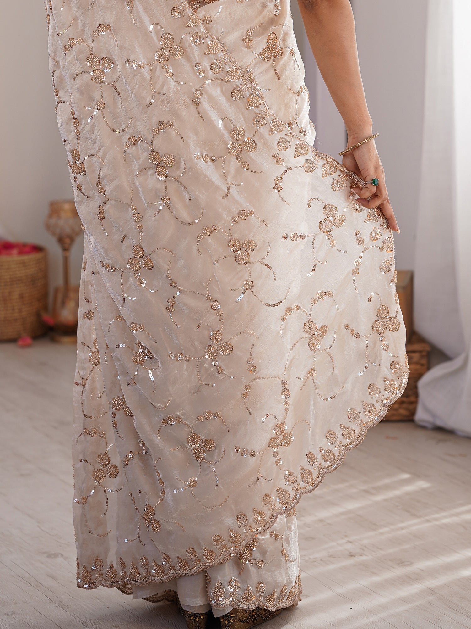 Cream Embroidered Organza Saree with Cutwork Border - Ressa